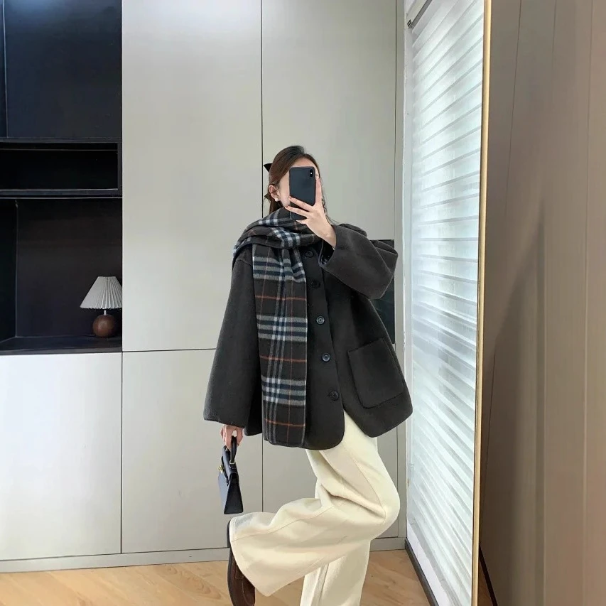 双生大衣格纹双面穿围巾斗篷大衣羊绒羊毛毛呢外套女冬G120104