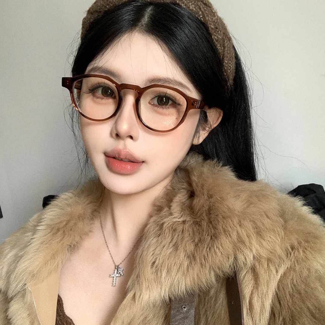 2025新款韩系眼镜茶色素颜神器方圆脸显脸小早八框架近视可配度数