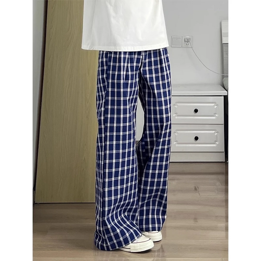 美式复古蓝色格子裤男夏季薄款慵懒风松弛感宽松微喇阔腿直筒长裤