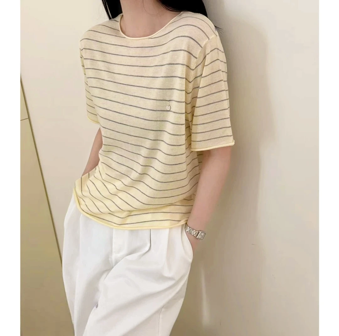 玲姐定制-圆领宽松条纹短袖针织衫休闲百搭薄款微透针织短袖80023