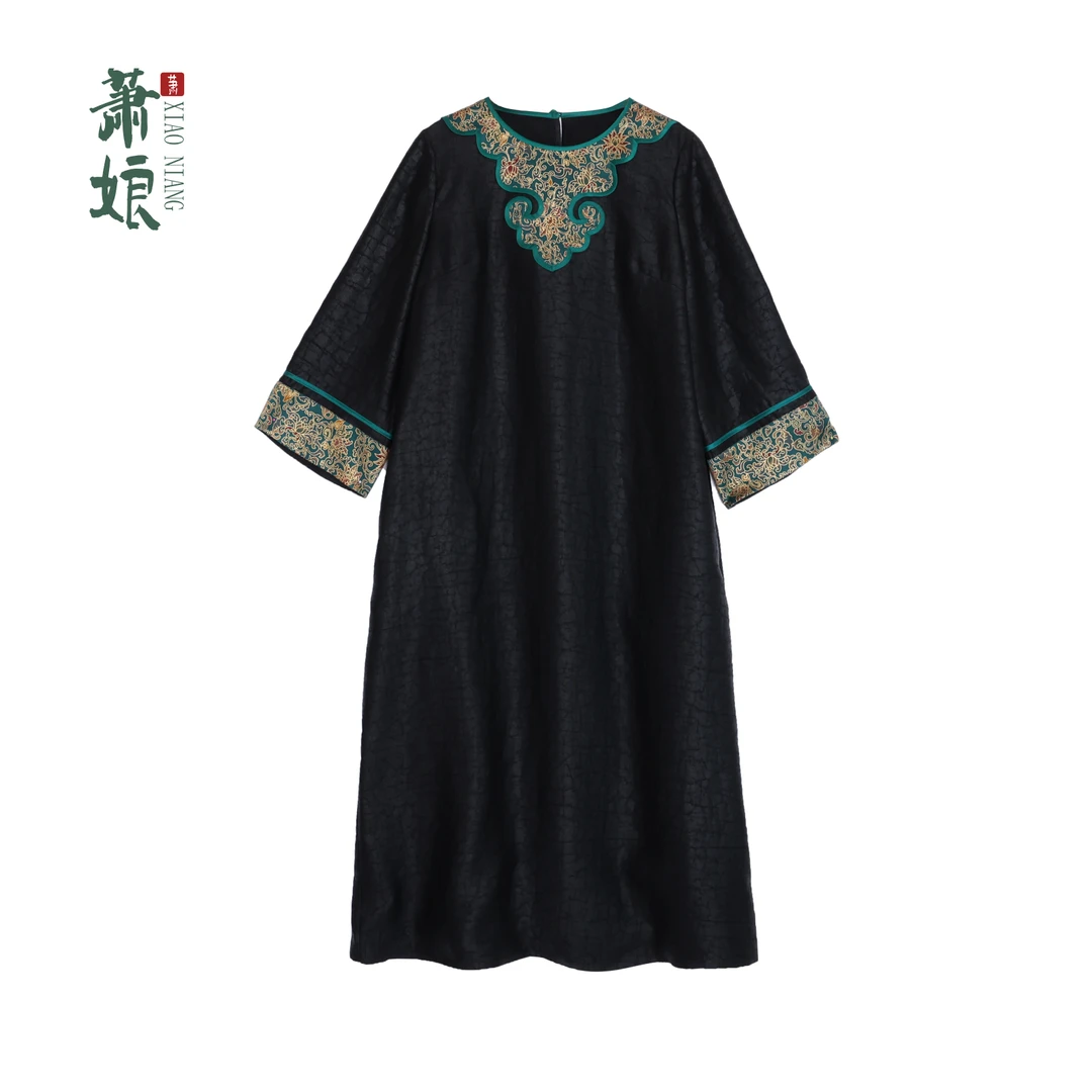 萧娘【慕云】缎龟香云纱连衣裙新中式桑蚕丝国风如意头长袖女裙5100