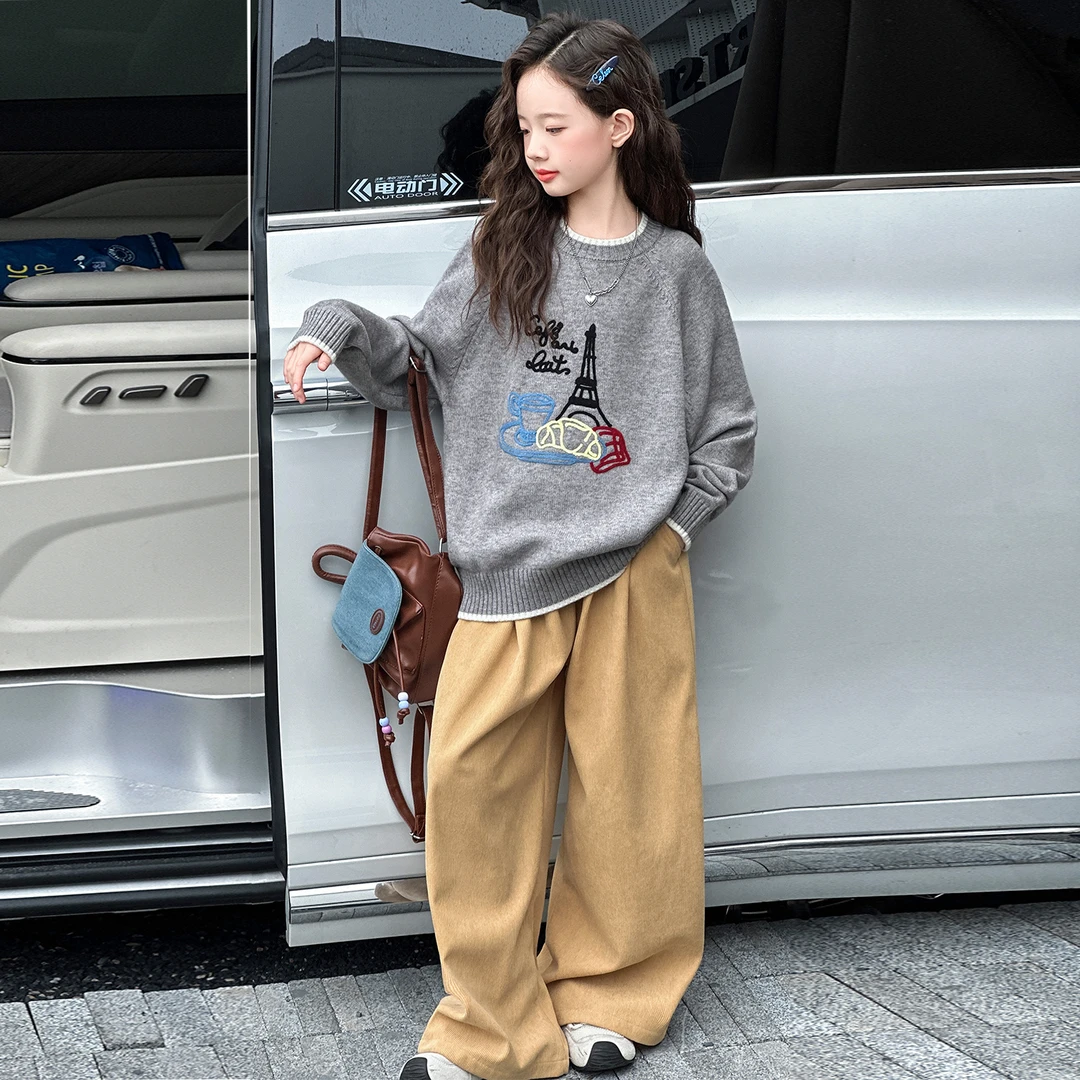 女童秋冬毛衣套装2025新款女大童冬季套头针织衫加绒休闲裤两件套