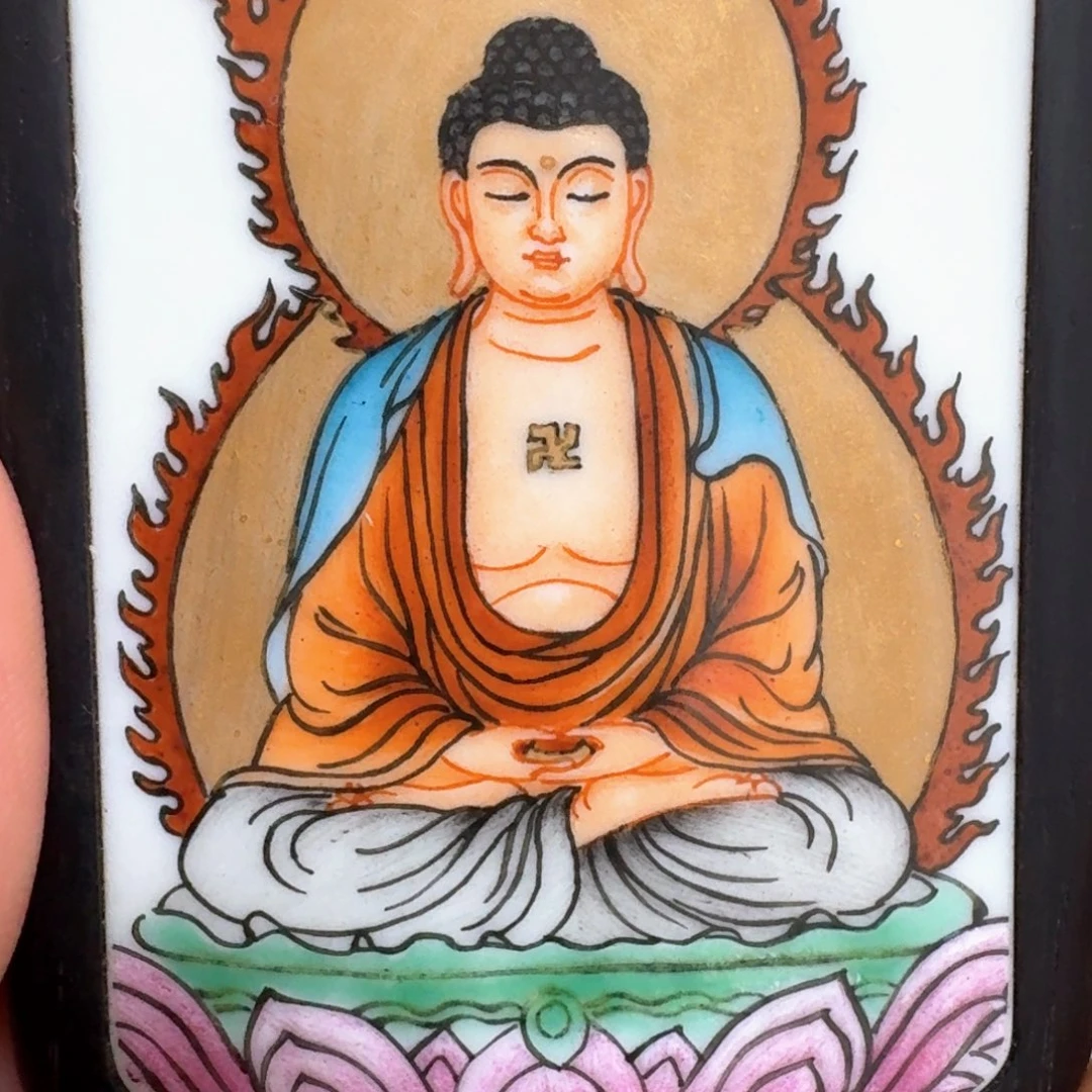 请***师瓷片粉彩紫檀木阿弥陀佛