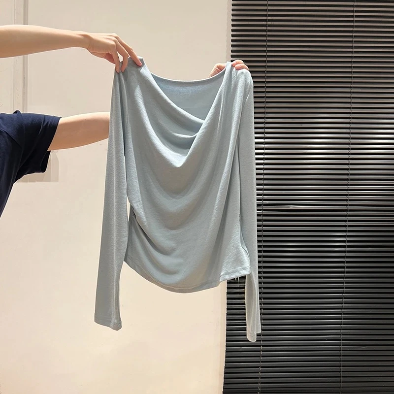 温柔高级风收腰法式斜领荡领显白女春秋季长袖修身T恤打底衫上衣