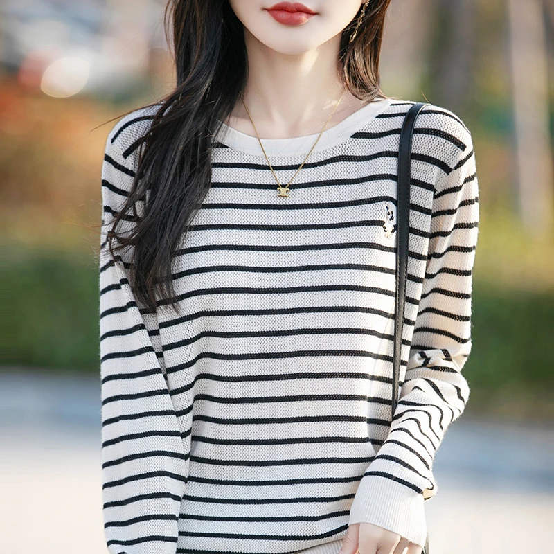 羊范欧货精纺超细羊毛针织衫女圆领薄款撞色打底长袖宽松减龄上衣