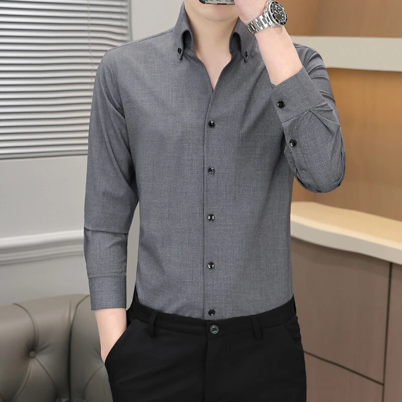 款全新款轻商务休闲长袖衬衫爆款高品质帅气时尚港风日系纯色复古