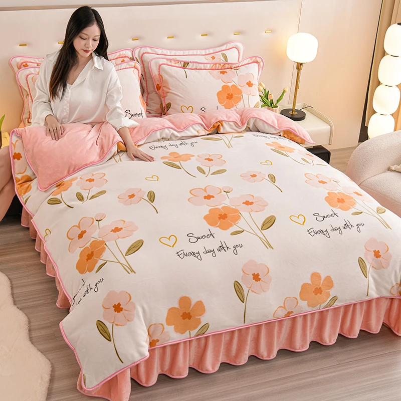 高克重牛奶绒床裙款四件套冬季加厚加绒包边被套床上用品三件套