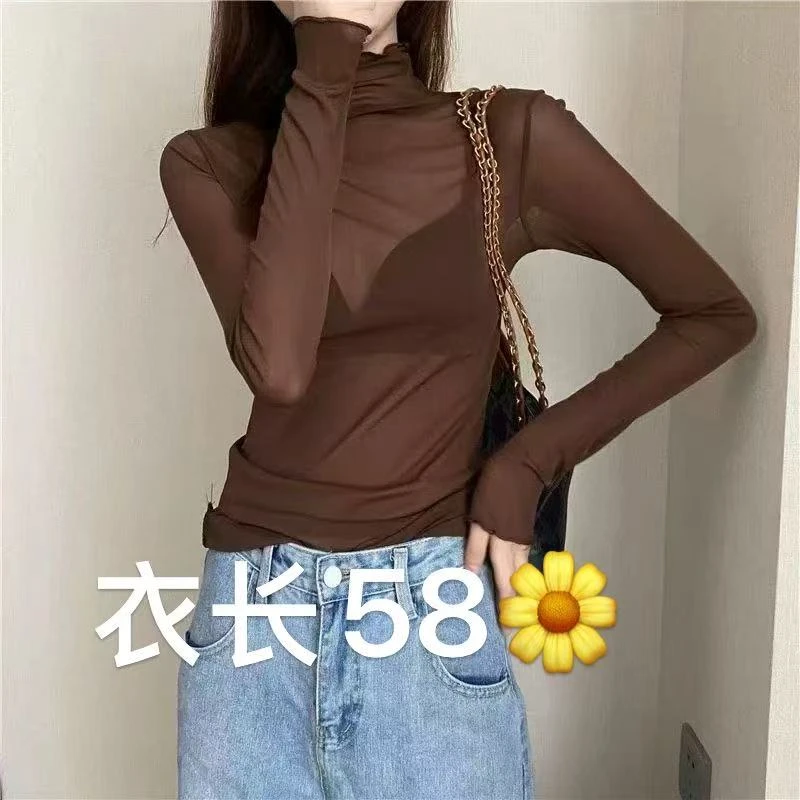 【艳子】819小个子~半高领木耳边网纱打底上衣