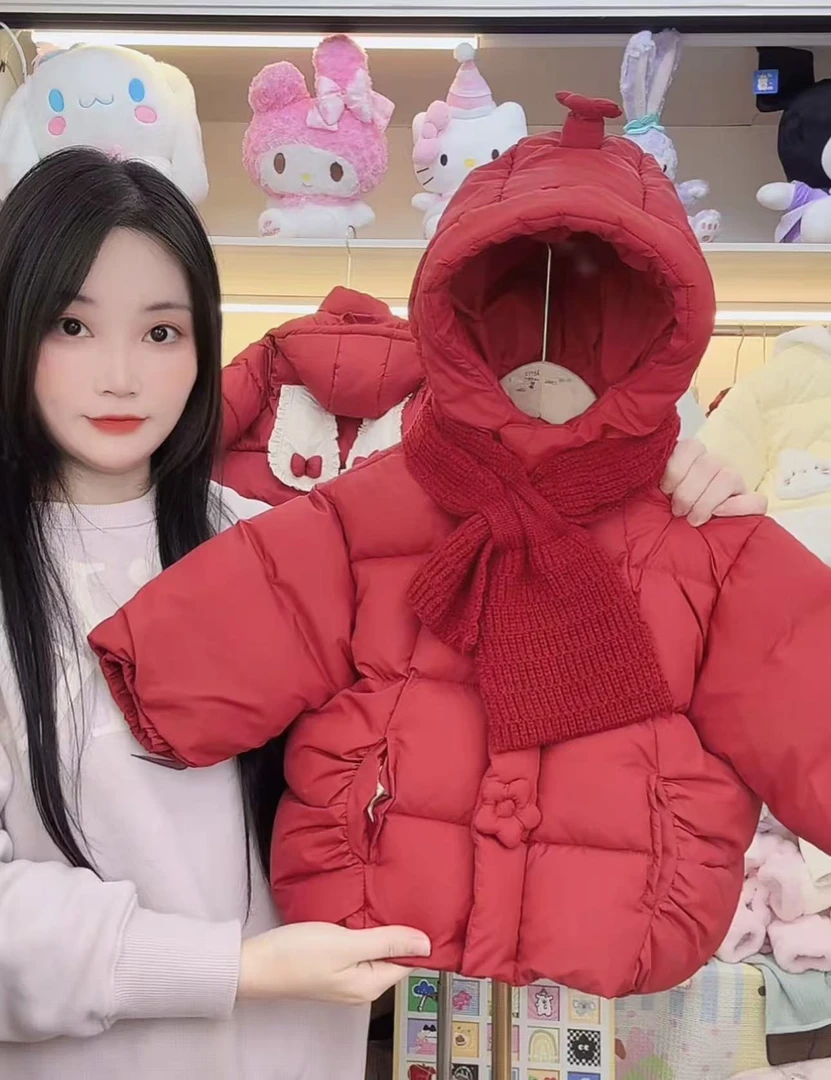 【谷谷家】大红色大花朵加厚棉服外套