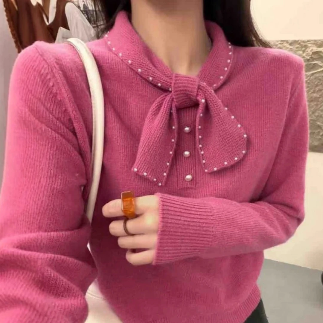 不起球~韩系甜美重工烫钻蝴蝶结系带针织衫温柔显瘦软糯减龄毛衣