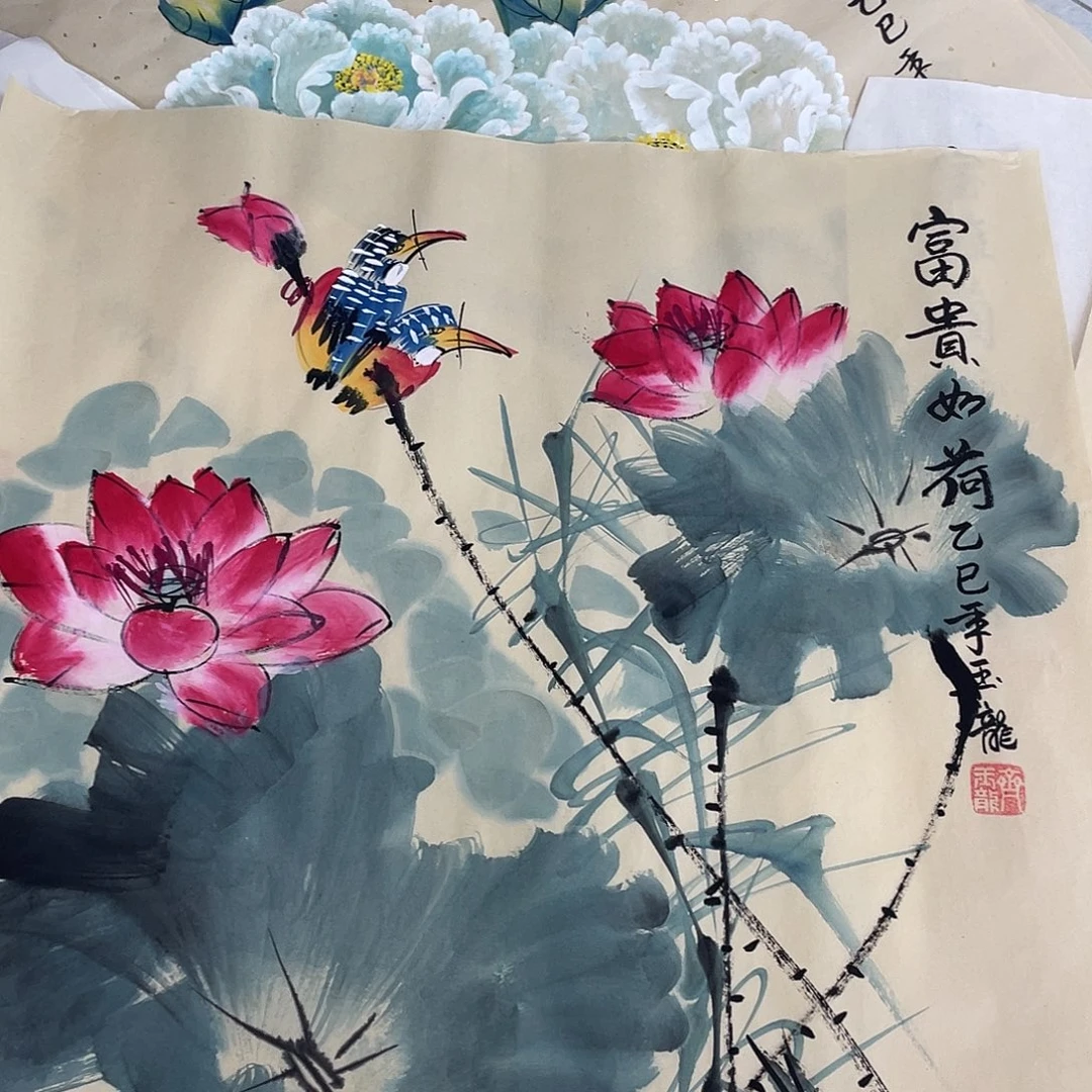 国画国画作品书法作品原稿荷花鸟