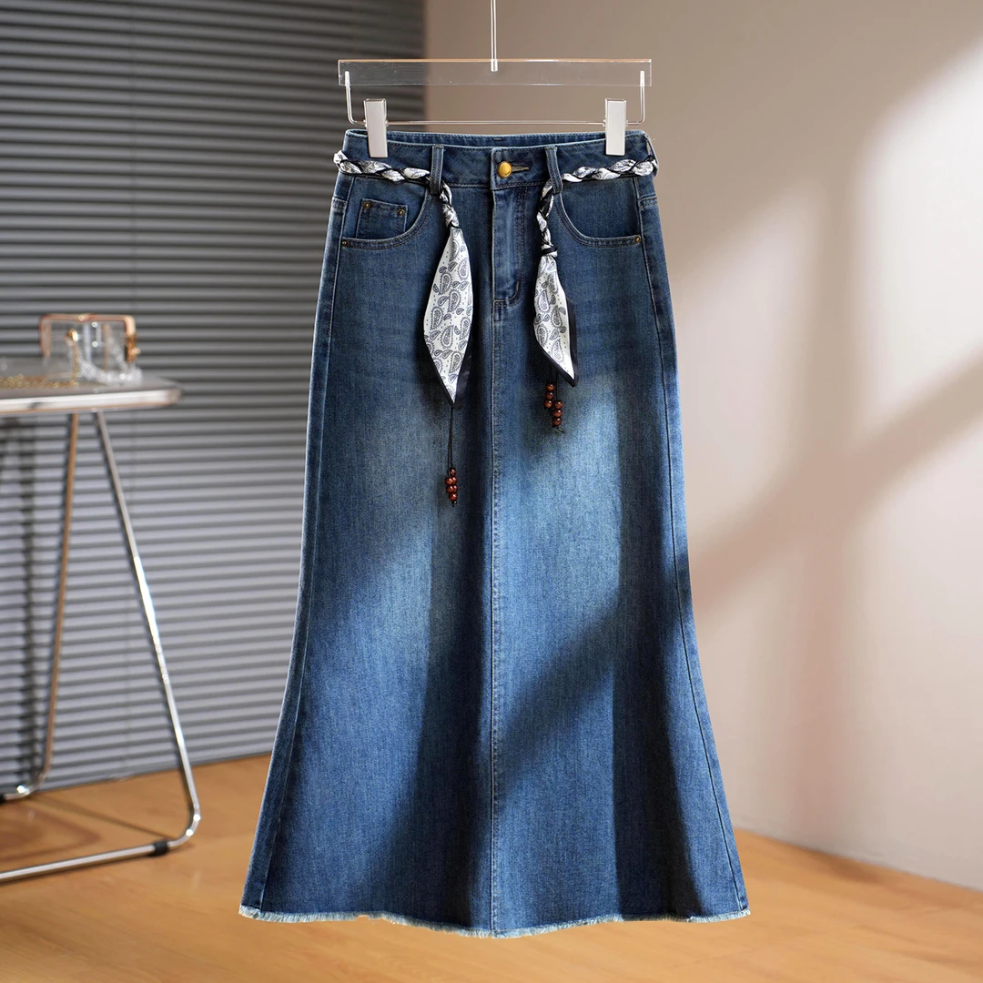 美式休闲毛边牛仔裙女2025春秋季新款高腰显瘦个性漂亮半身鱼尾裙