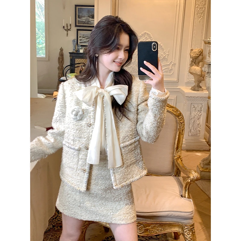 梅子熟了「香槟小香风套装」优雅财阀富家千金风法式外套短裙套装