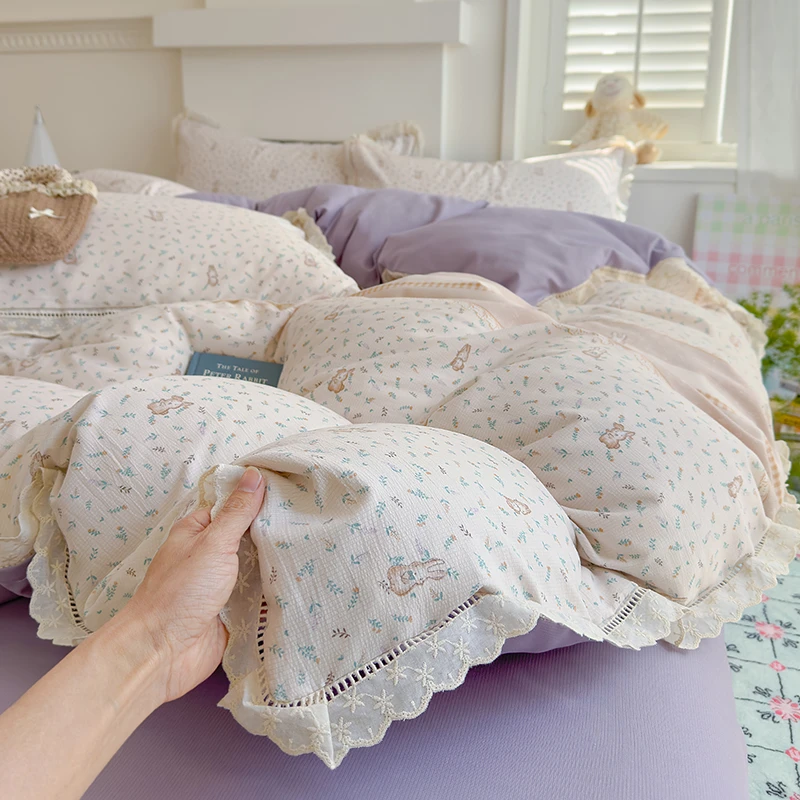 新款高端法式镂空棉花边四件套A类有氧提花皱皱纱小清新床上用品