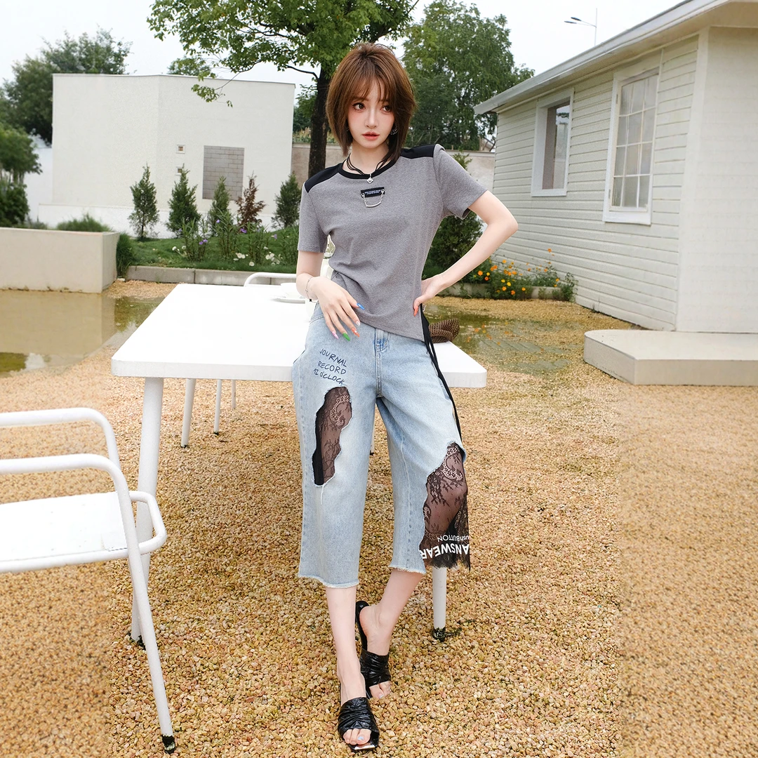 【现货】MIUCO字母印花挖空拼贴蕾丝软高腰牛仔七分裤马裤P4578