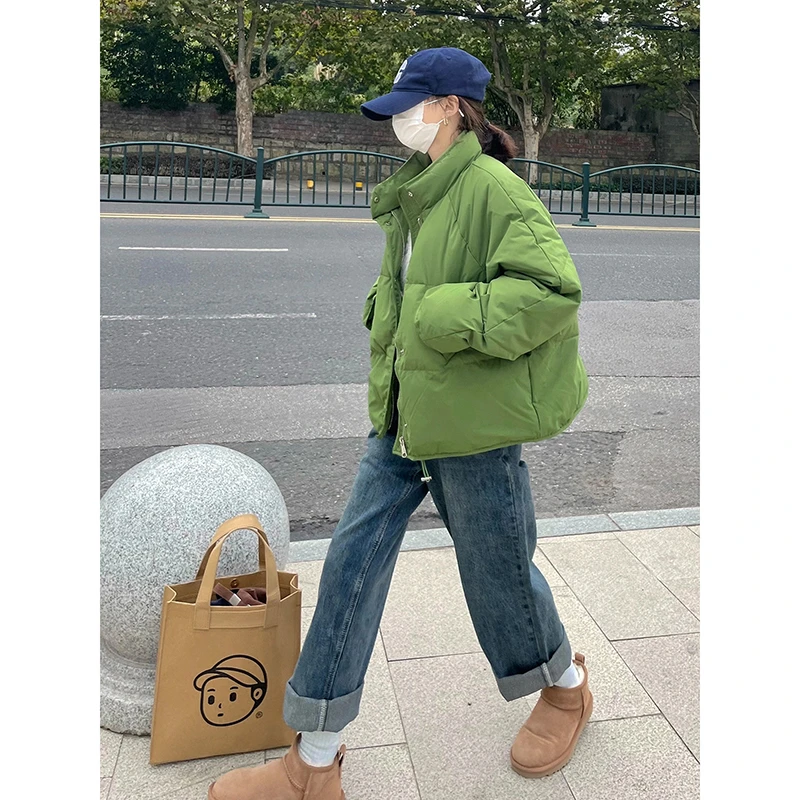 高级感绿色羽绒棉服女冬季潮小个子2025年新款立领轻薄面包服外套