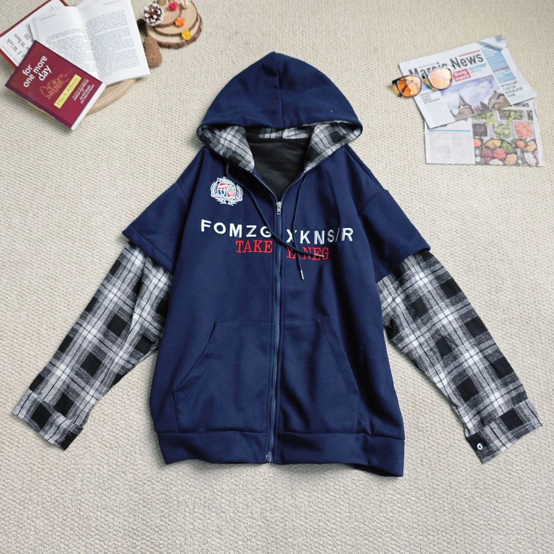 2025早春新款时尚百搭连帽拼格子长袖厚外套9116