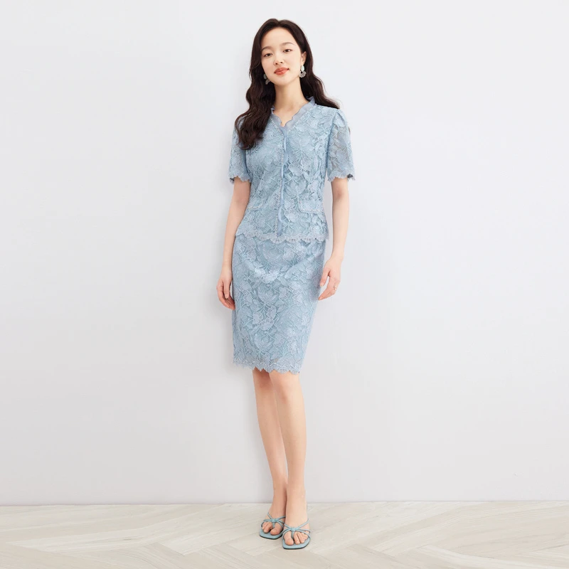 冰河蓝蕾丝美爆了|温柔千金蕾丝套装|珂莱蒂尔商场同款半身裙