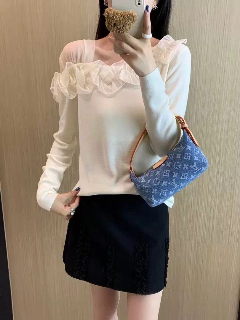 【艾玩美】女秋季薄款拼接长袖针织毛针织衫针织衫上衣毛衣2903