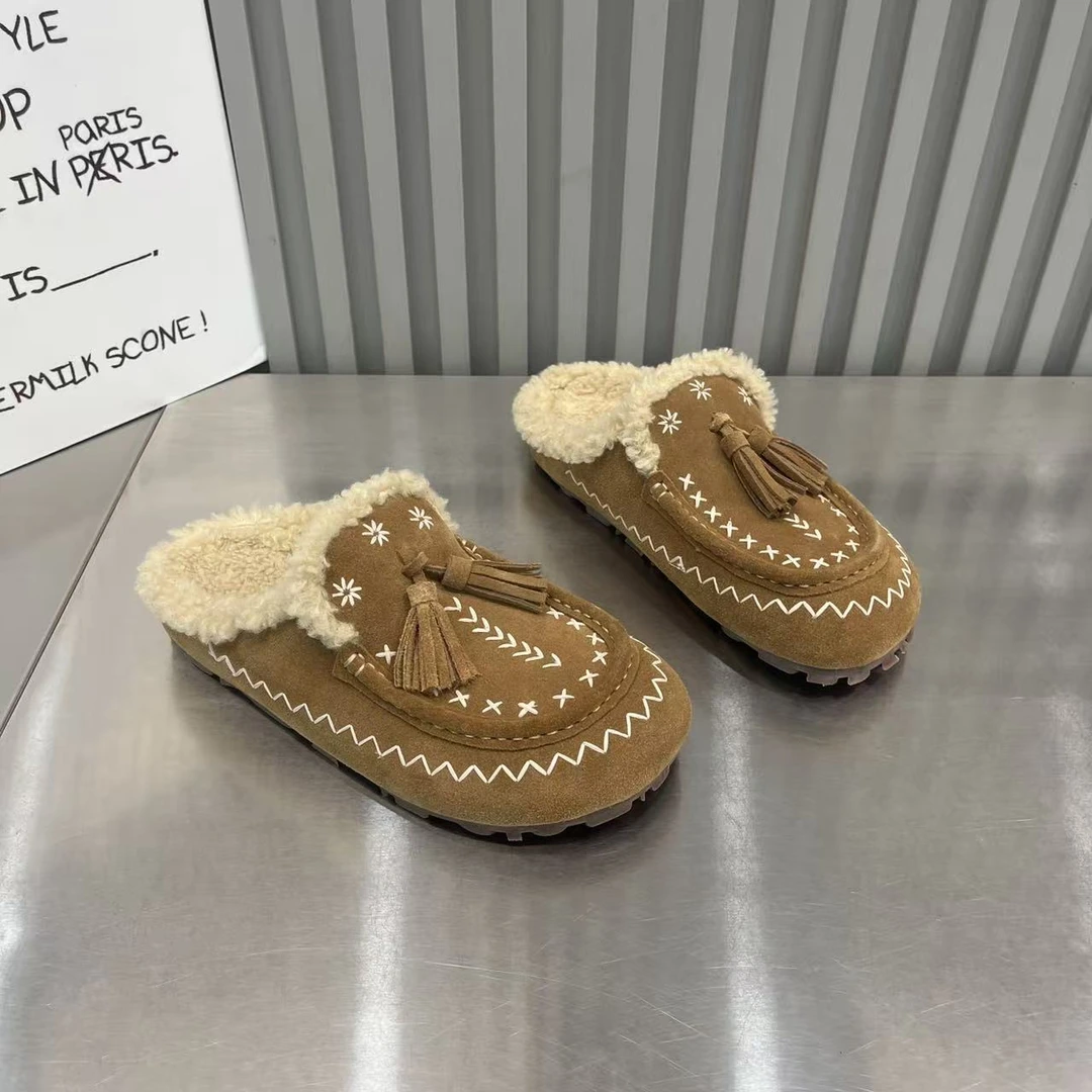 磨砂皮复古流苏平底包头拖女鞋2025秋新款一脚蹬两穿拖休闲鞋潮鞋