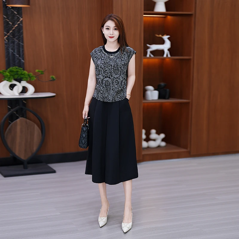 妈妈装女2025夏装新款气质印花无袖裙裤两件套冰氧丝无袖上衣