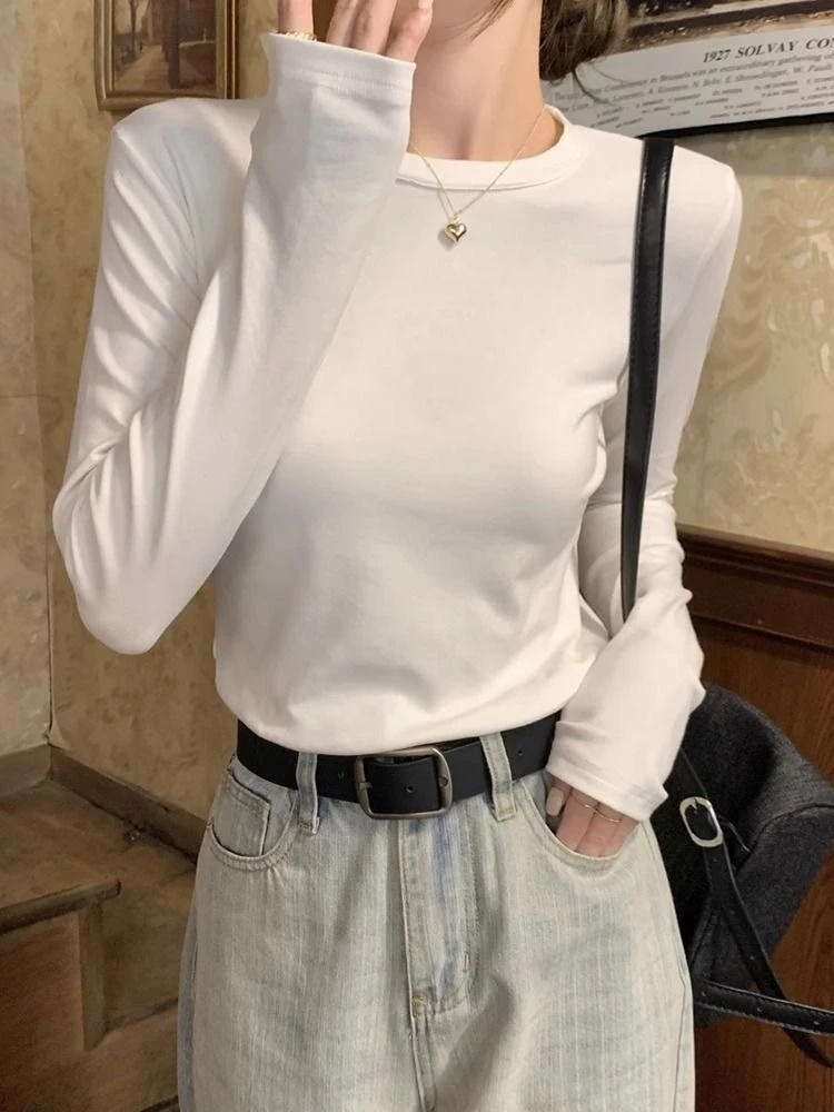 港味复古美式圆领正肩纯色秋冬打底衫长袖t恤女辣妹内搭修身上衣