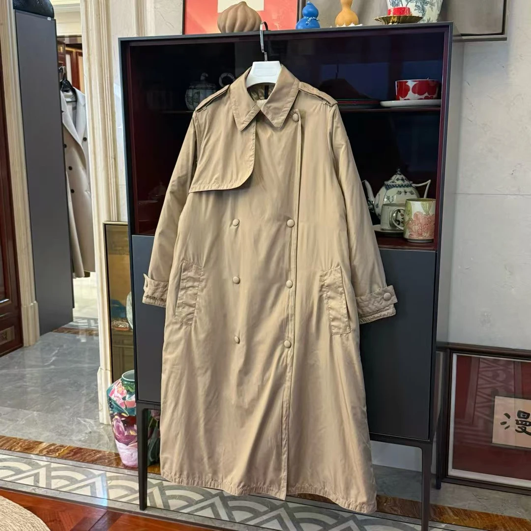 MYL 2025秋冬新品卡其色风衣款羽绒服翻领长袖双排扣中长款外套