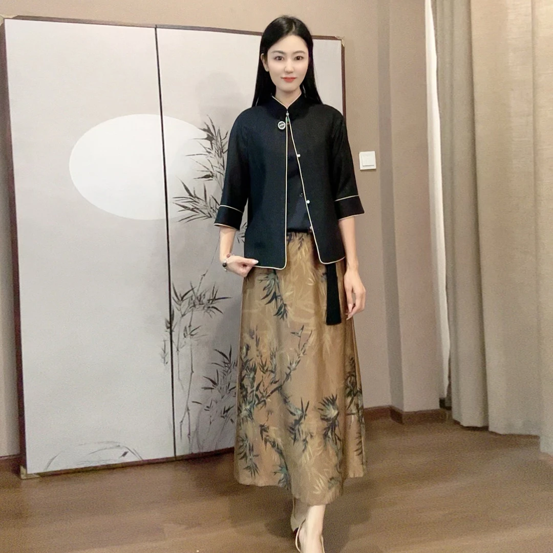 浒城古娘新中式夏季复古女桑蚕丝香云纱套装HBSS060081+22B19257