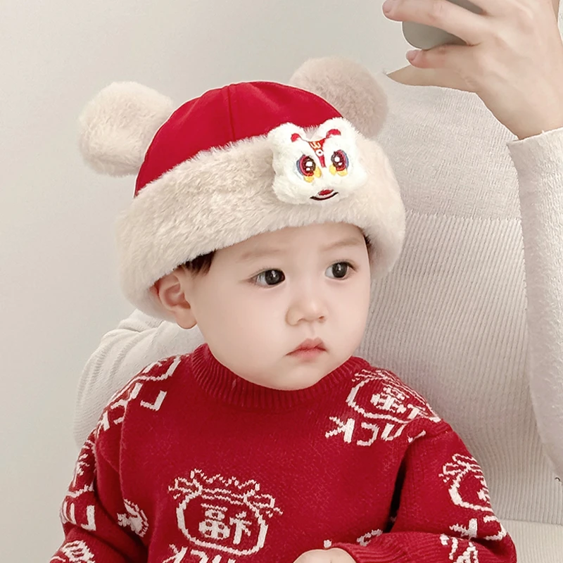 婴儿帽子秋冬款地主帽男宝宝可爱女童红色周岁新年保暖小童醒狮帽