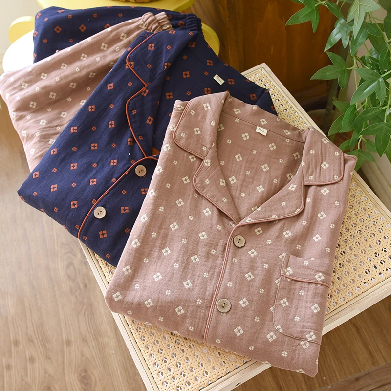 新款男士纯棉色织双层棉纱家居服简约宽松休闲睡衣薄款全棉提花款