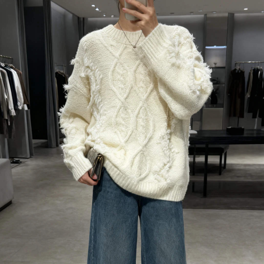 胸112-180长64立体绞花厚毛衣外穿内搭拉毛套头针织上衣 4368