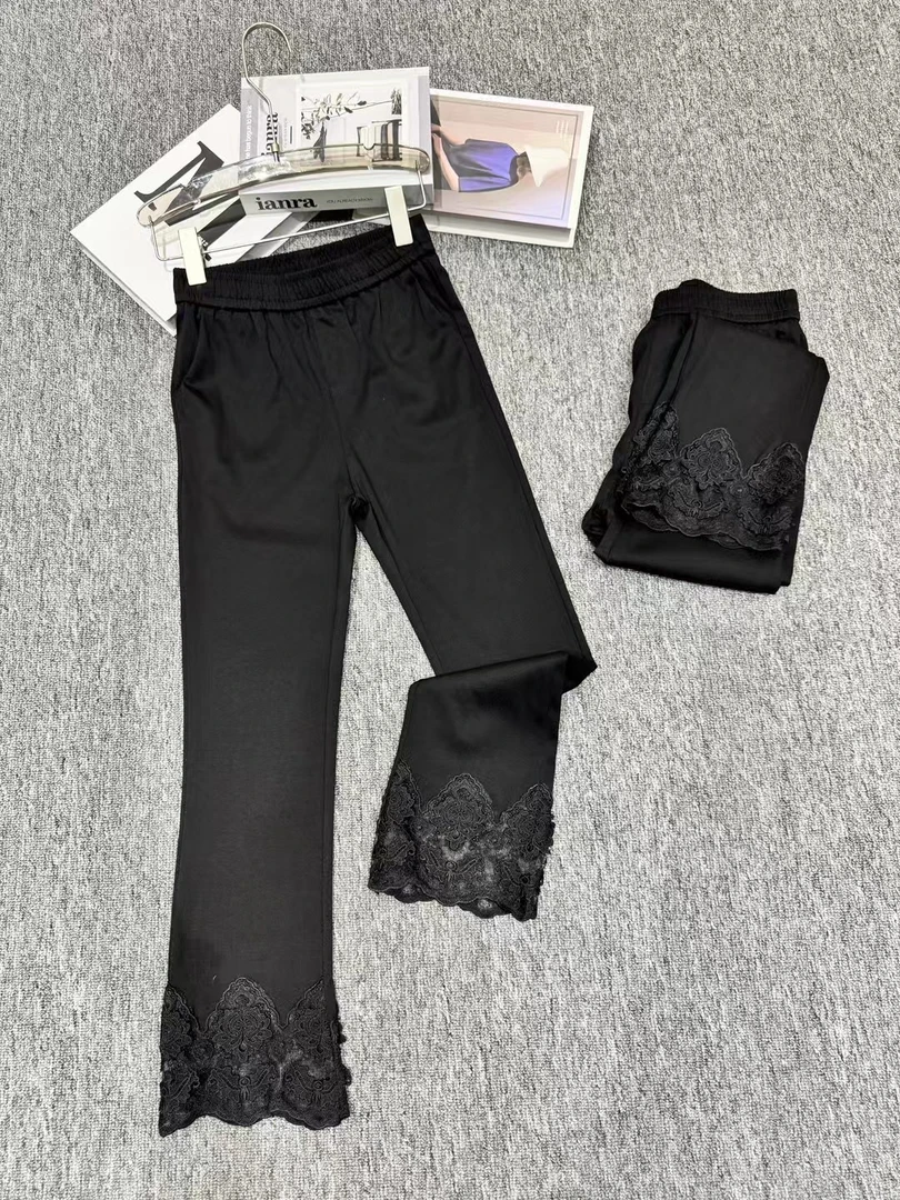 8832春夏新款时尚百搭拼接蕾丝直筒显瘦烟管九分裤