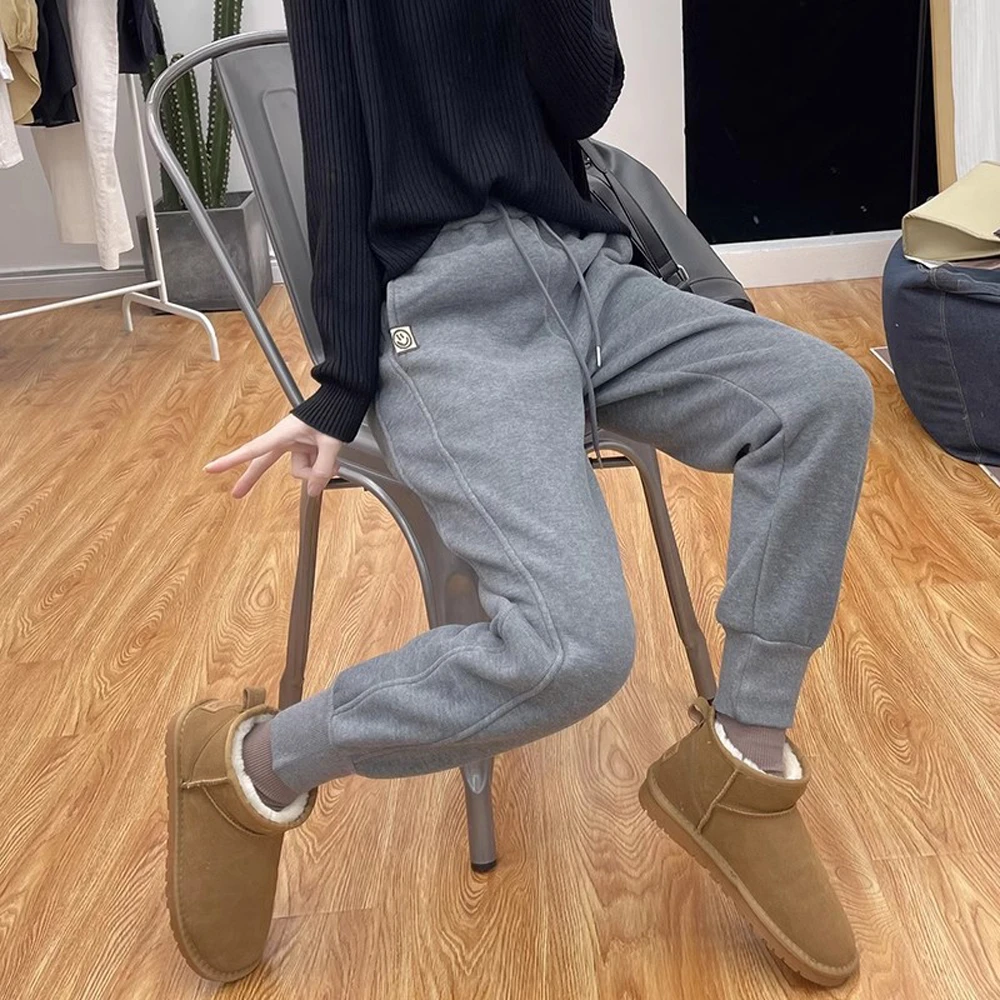 时尚束脚设计笑脸贴标高腰直筒哈伦裤秋冬新款加绒加厚显瘦卫裤女