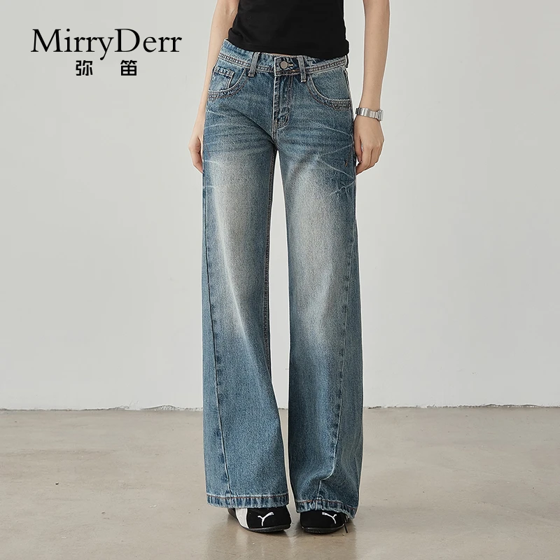 MirryDerr/弥笛复古刺绣牛仔裤女2025夏季新款时髦百搭高腰阔腿裤