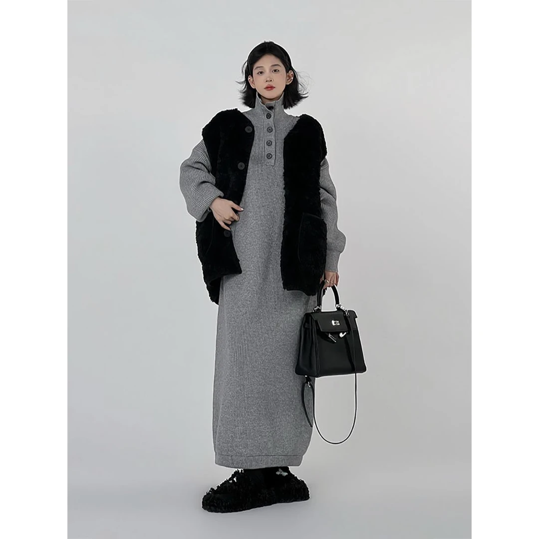 2025秋冬新款黑色连衣裙韩版宽松慵懒风针织长裙气质高领打底裙