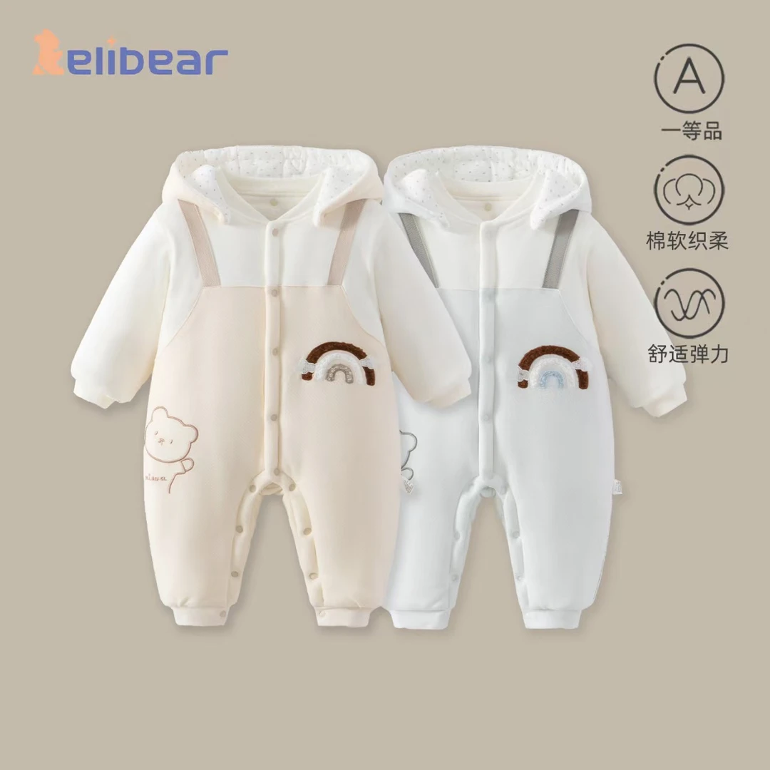 新生婴儿衣服冬季加厚连体衣卡通连帽宝宝衣服可爱小熊长袖外出服