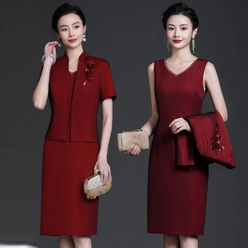 高档婚礼妈妈装中年喜庆宴会喜婆婆礼服改良旗袍套装两件套连衣裙