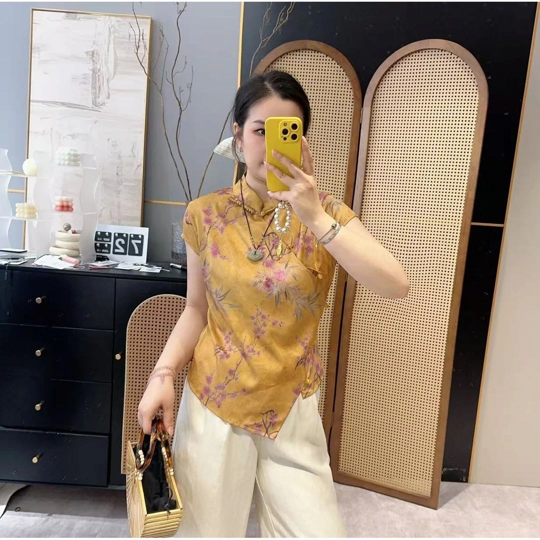 【欧加恋恋】新中式立领盘扣人丝缎面提花半月袖衬衫 ND25060105