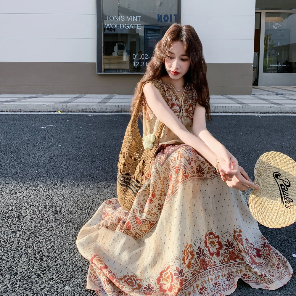 YIRAN/奕冉复古波西米亚度假风印花无袖长裙女夏季新款显瘦连衣裙