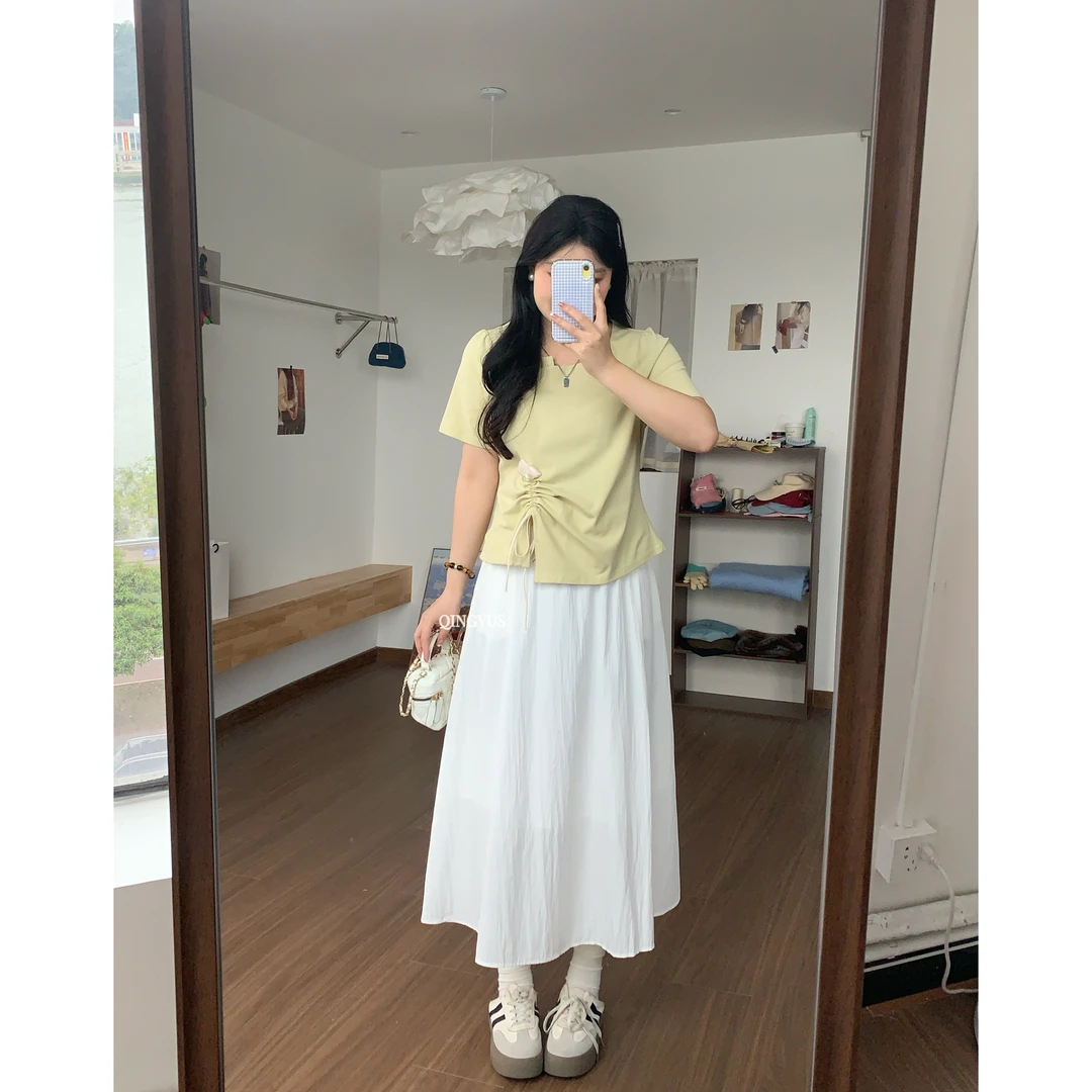 QINGYUS-甜美方领T恤不规则设计感别致上衣微胖显瘦春季大码女装