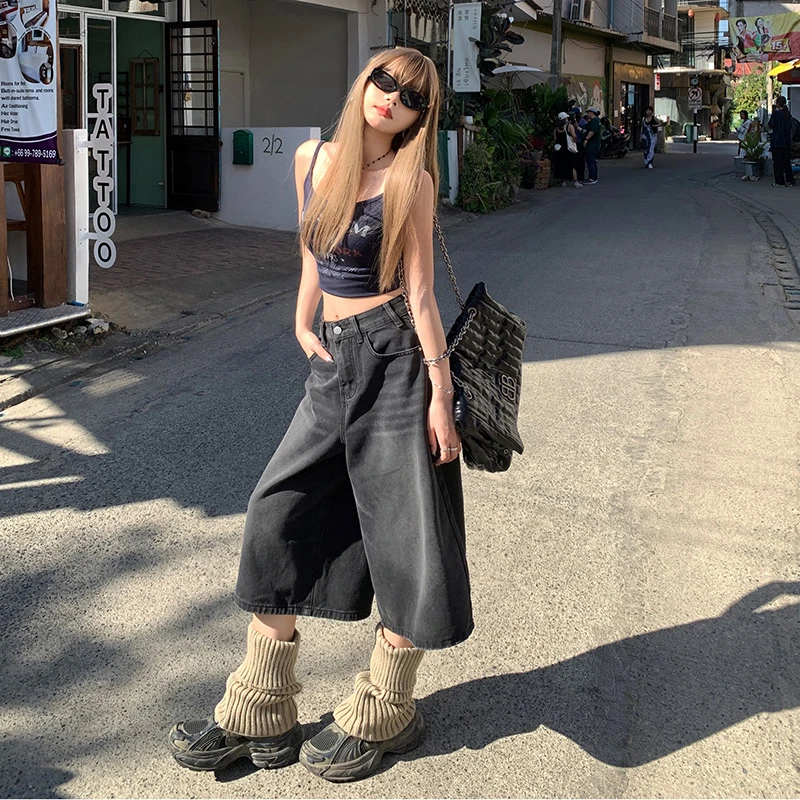 4色美式复古高腰宽松阔腿裤百搭春夏显瘦直筒七分裤牛仔裤女