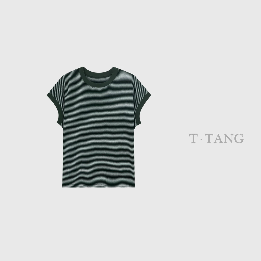 FL夏季180g色织条纹棉宽松显瘦休闲百搭圆领无袖条纹T恤【6538】FF