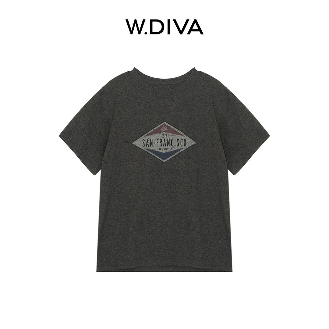 W.Diva【灰菱印花T】雪花棉T恤美式复古印花短袖松弛感女53T242864