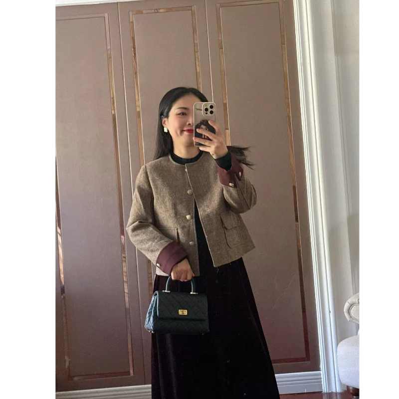 【Zoe轻奢】特 90白鸭绒·小香风羊毛混纺撞色翻袖圆领外套250012