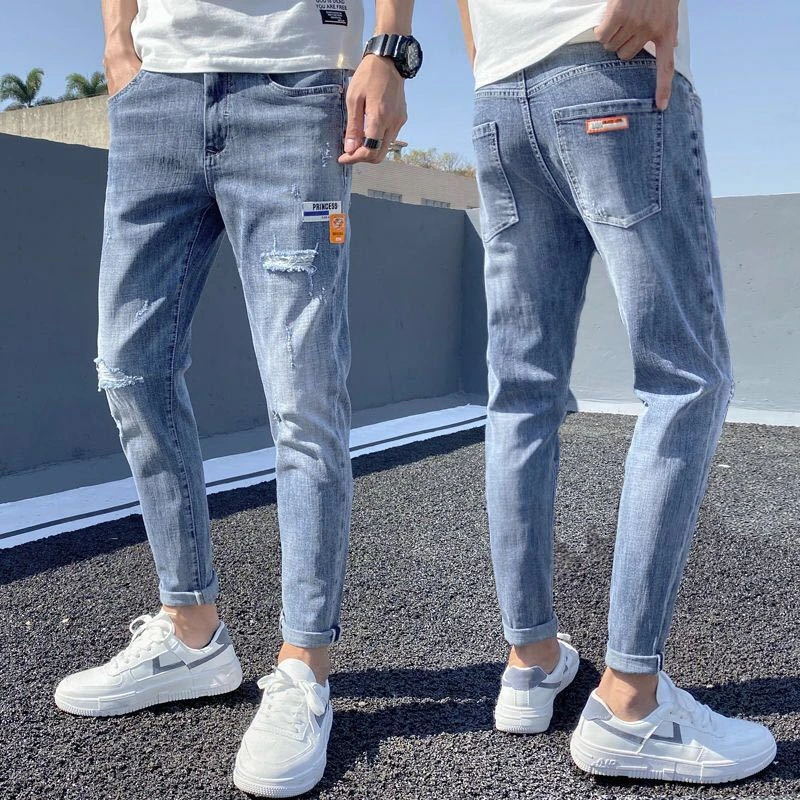 浅色九分牛仔裤男破洞春秋潮牌修身小脚2024年新款裤子男痞帅男士