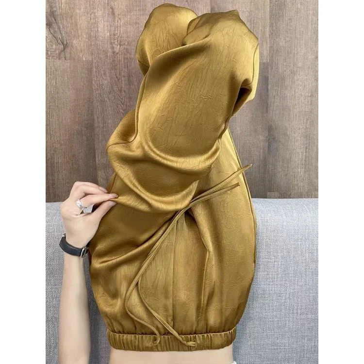 醋酸缎面新中式提花休闲阔腿裤女夏季2025新款高腰显瘦窄版直筒裤