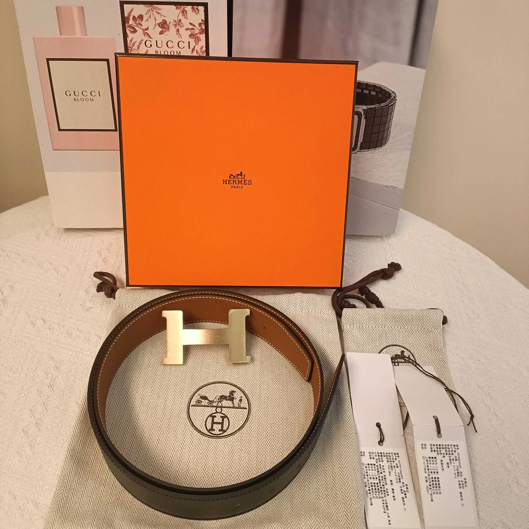 未使用 Hermes/爱马仕 W刻100 H字母扣皮带  金扣黑拼棕色