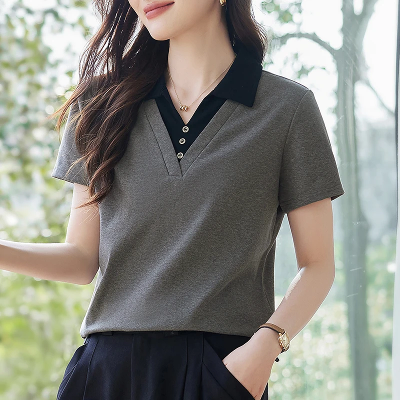 夏季新款精梳棉休闲POLO领洋气短袖t恤正肩显瘦上衣气质女装翻领