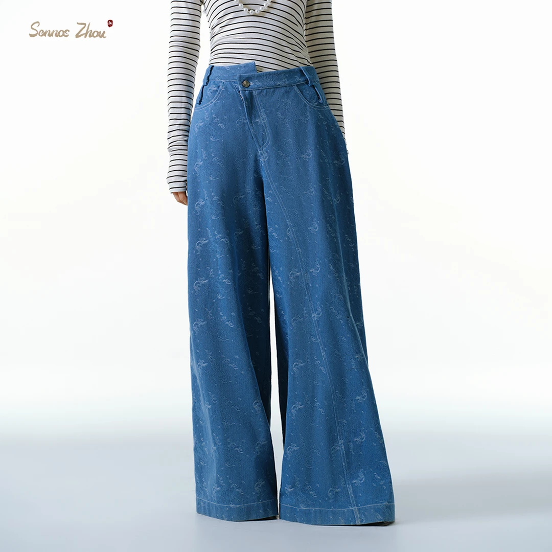 【Sennos Zhou】蕊兰卷浪提花牛仔长裤Y516002