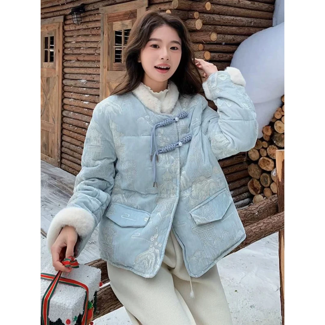 新中式国风刺绣盘扣毛绒毛领拼接外套女2025冬新款保暖加厚棉服